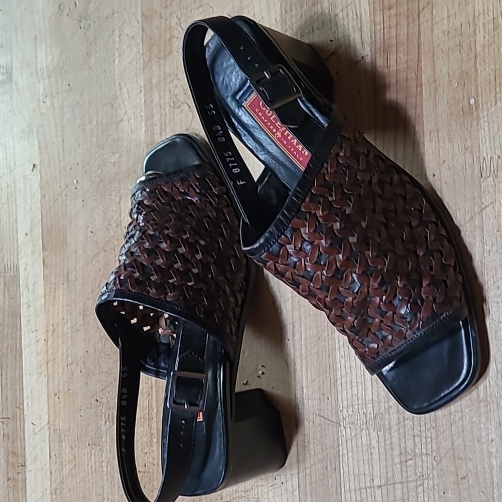 COLE Haan Brown Leather Peep Toe Wedge Open Toe woven Sandals Women’s Size 8.5 B